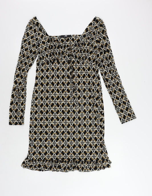 NEXT Womens Brown Geometric Viscose A-Line Size 8 V-Neck Pullover - Ruffle