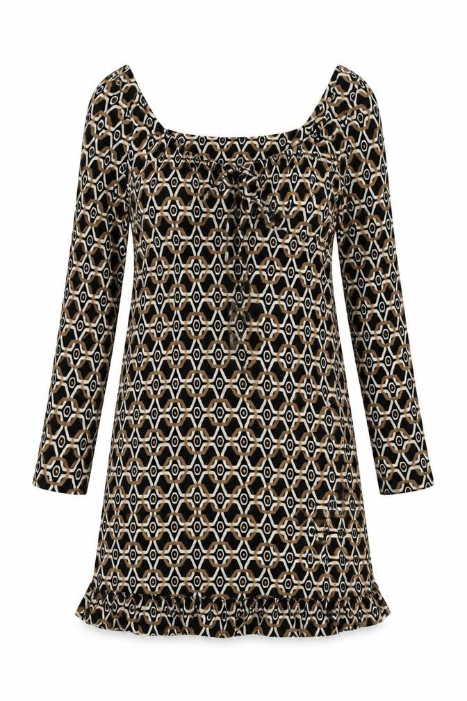 NEXT Womens Brown Geometric Viscose A-Line Size 8 V-Neck Pullover - Ruffle