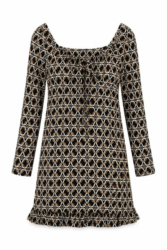 NEXT Womens Brown Geometric Viscose A-Line Size 8 V-Neck Pullover - Ruffle