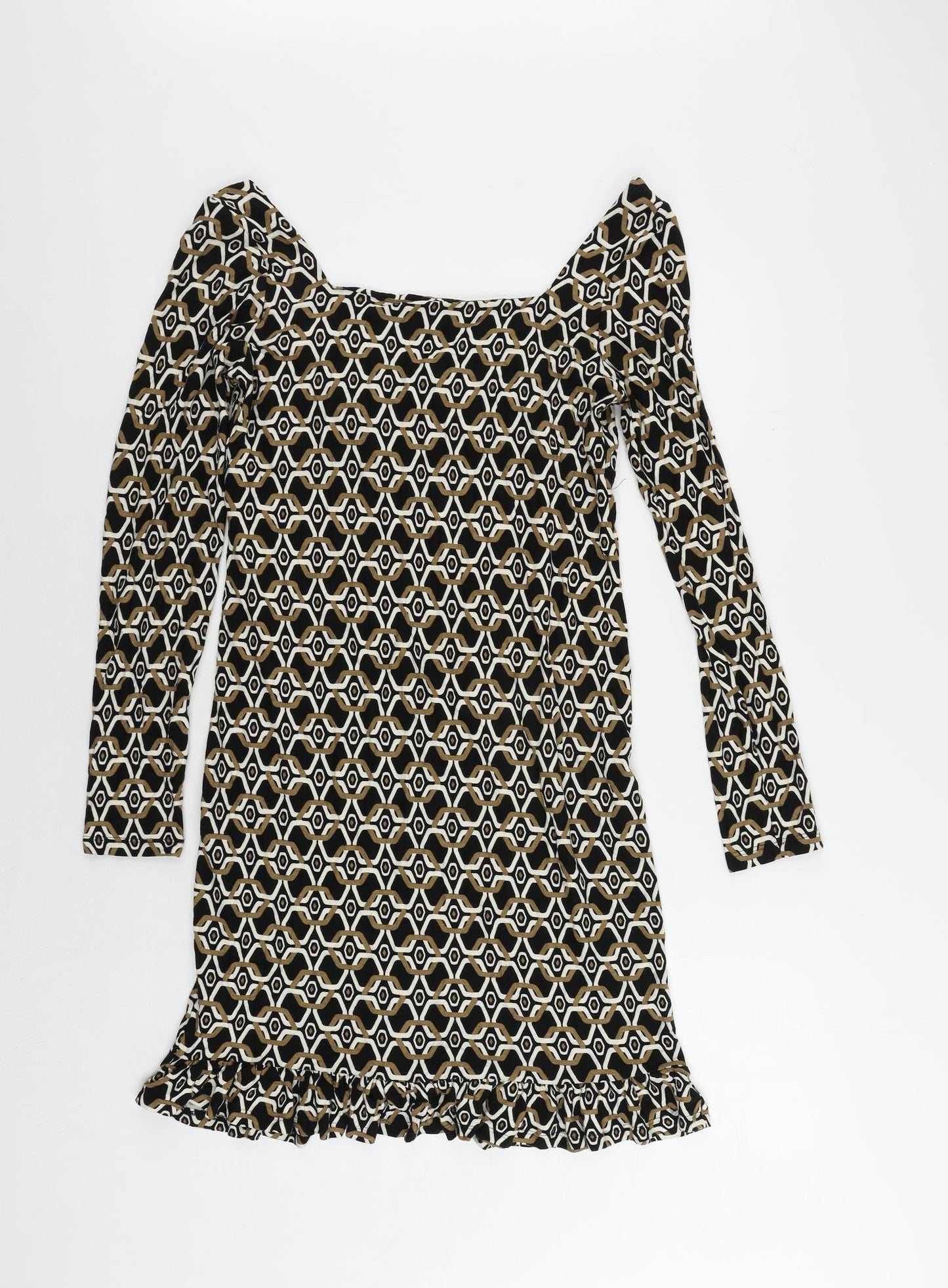 NEXT Womens Brown Geometric Viscose A-Line Size 8 V-Neck Pullover - Ruffle