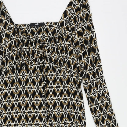 NEXT Womens Brown Geometric Viscose A-Line Size 8 V-Neck Pullover - Ruffle