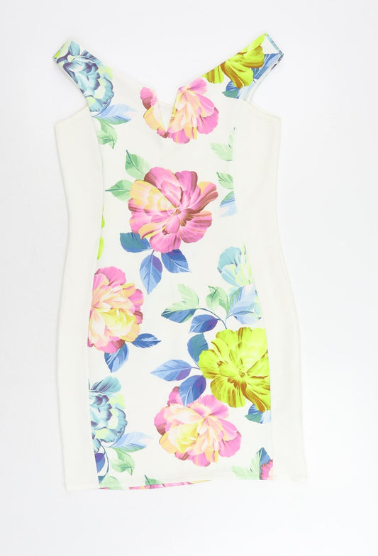 I-X London Womens White Floral Polyester Mini Size 12 V-Neck