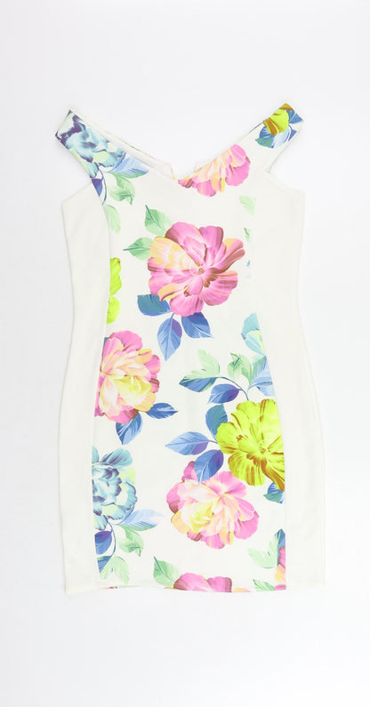 I-X London Womens White Floral Polyester Mini Size 12 V-Neck