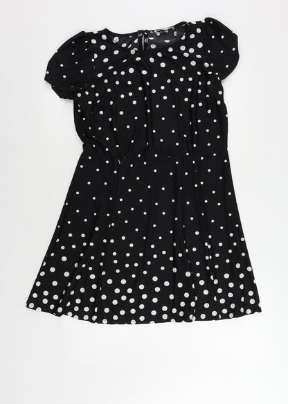Oasis Womens Black Polka Dot Polyester A-Line Size L Boat Neck Button