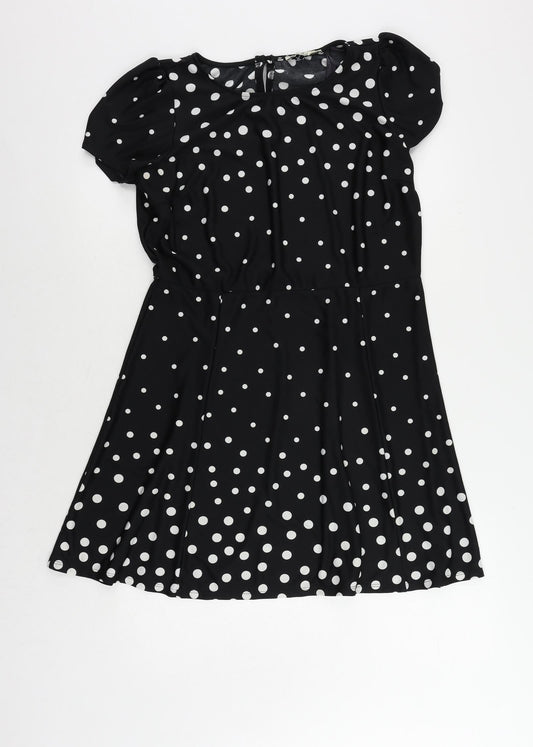 Oasis Womens Black Polka Dot Polyester A-Line Size L Boat Neck Button