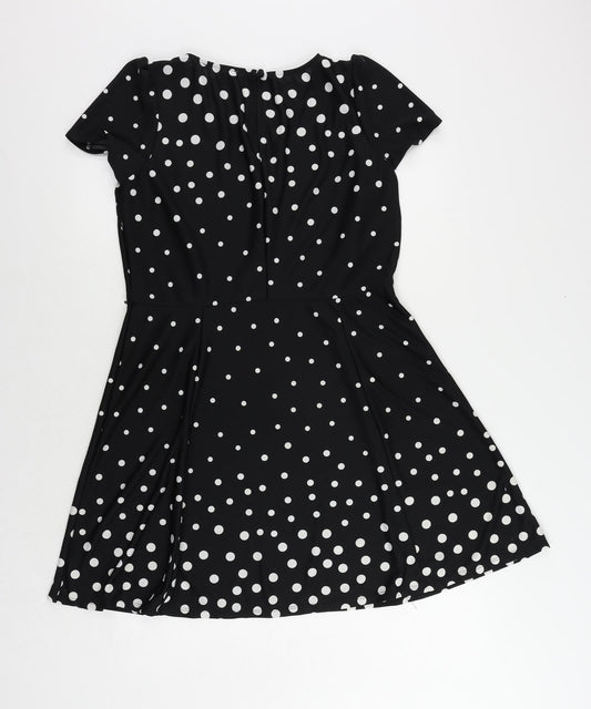 Oasis Womens Black Polka Dot Polyester A-Line Size L Boat Neck Button