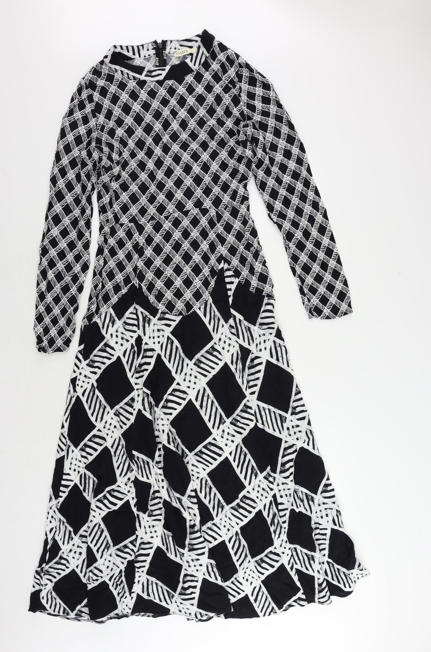 Oasis Womens Black Geometric Viscose Maxi Size 10 Mock Neck Zip