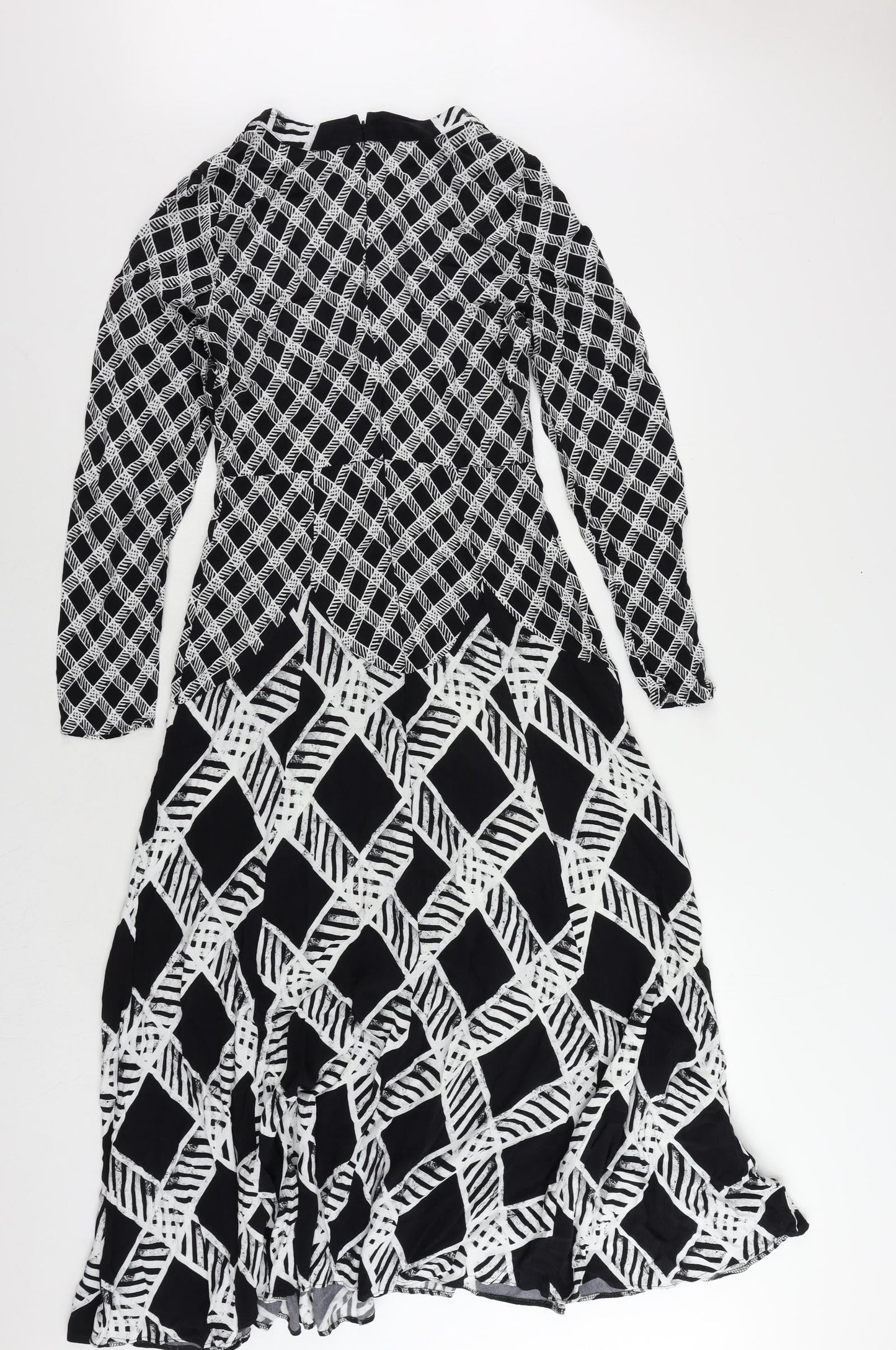 Oasis Womens Black Geometric Viscose Maxi Size 10 Mock Neck Zip