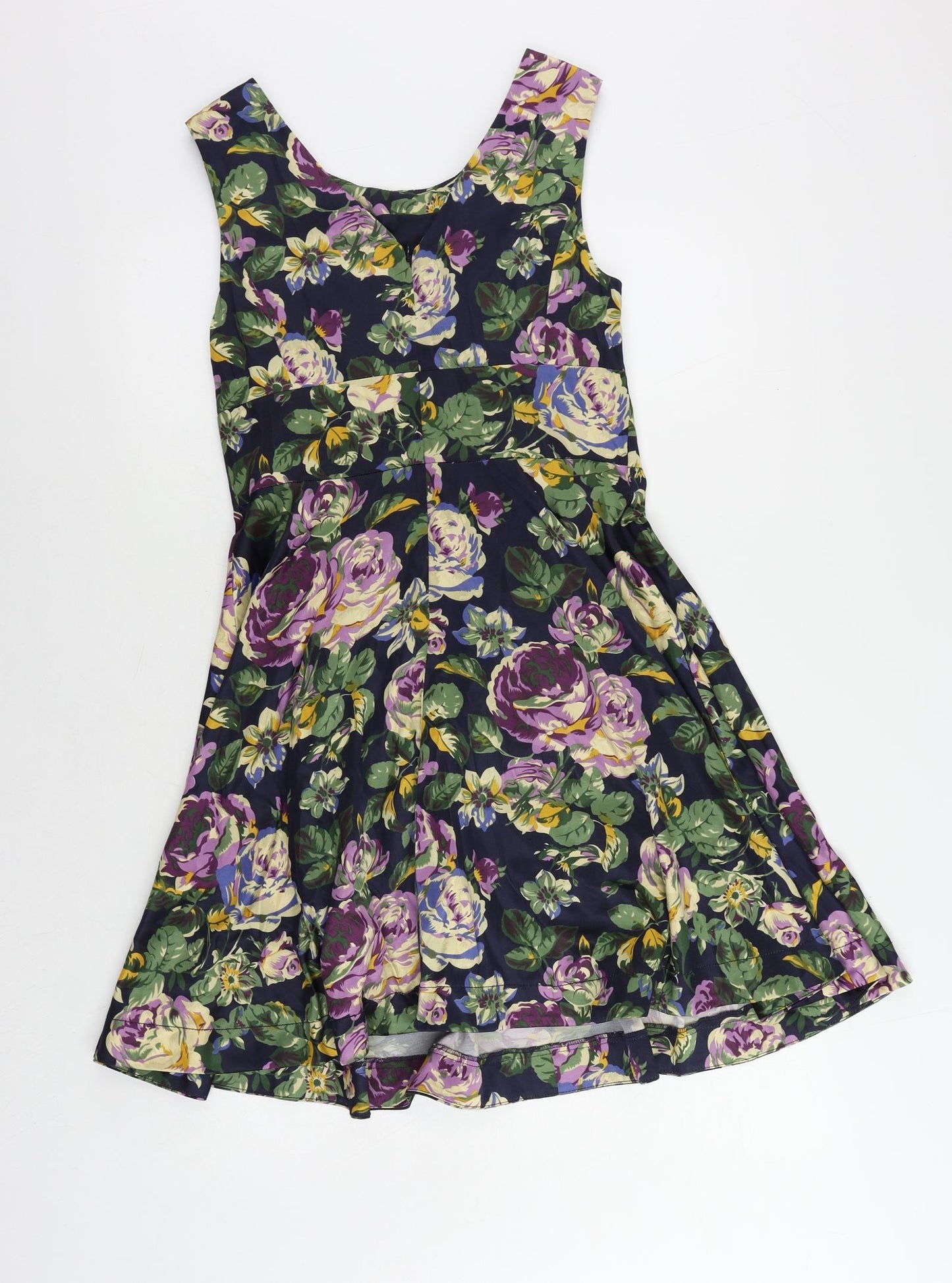 Red Herring Womens Blue Floral Polyester Fit & Flare Size 10 Boat Neck Zip