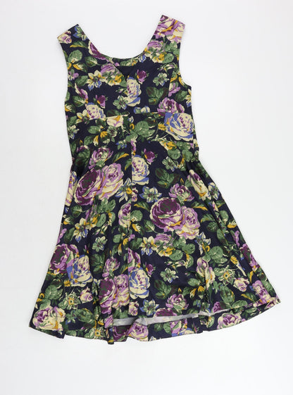 Red Herring Womens Blue Floral Polyester Fit & Flare Size 10 Boat Neck Zip