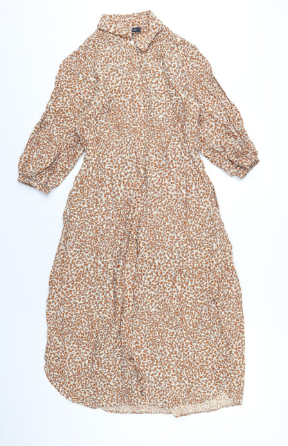 French Connection Womens Brown Geometric Viscose Sheath Size S Collared Button