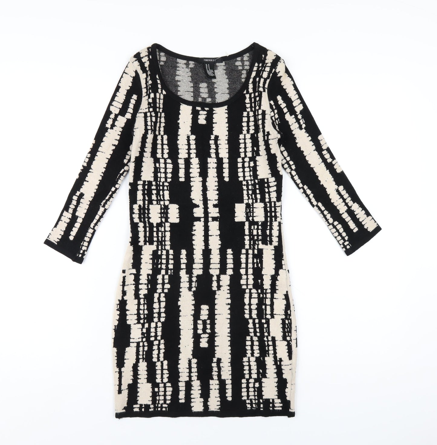 FOREVER 21 Womens Black Geometric Viscose Bodycon Size M Scoop Neck Pullover