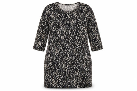 Front view of Kaleidoscope women’s black geometric polyester a-line, size UK 18, round neck pullover