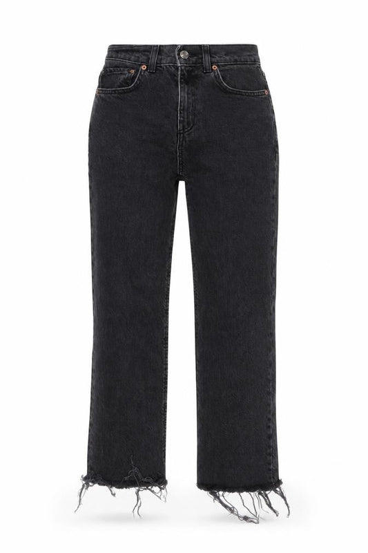 Front view of ASOS women’s grey cotton cropped jeans, size UK 26, in, 24-inch leg regular button