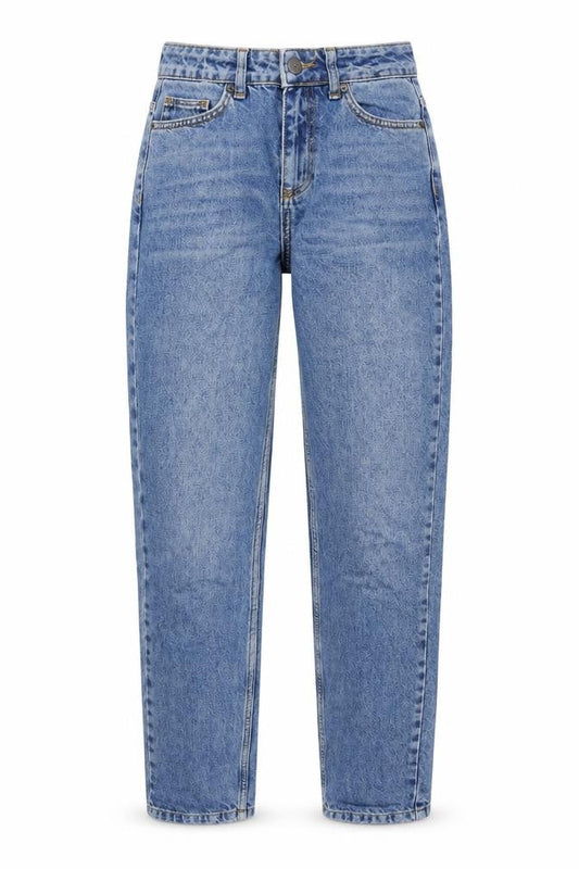 Front view of BDG women’s blue cotton mom jeans, size UK 24, in, 29-inch leg regular button