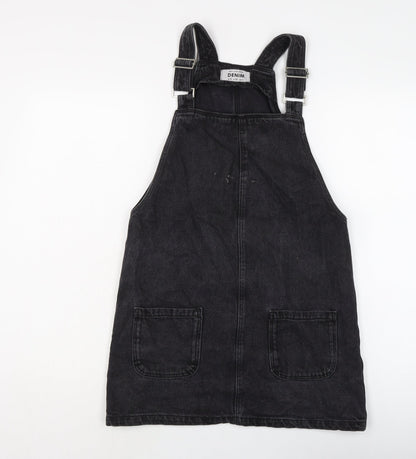 New Lok Womens Black Cotton Pinafore/Dungaree Dress Size 8 Square Neck Button