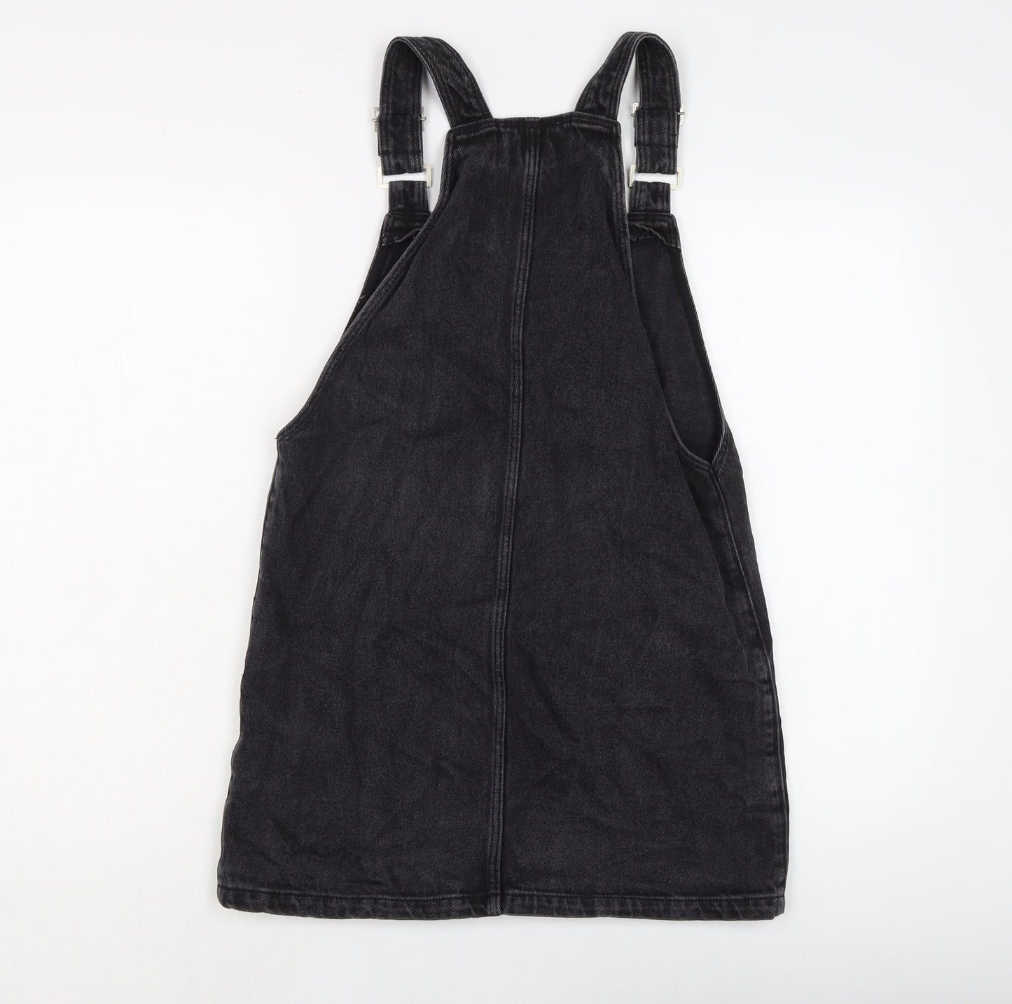 New Lok Womens Black Cotton Pinafore/Dungaree Dress Size 8 Square Neck Button