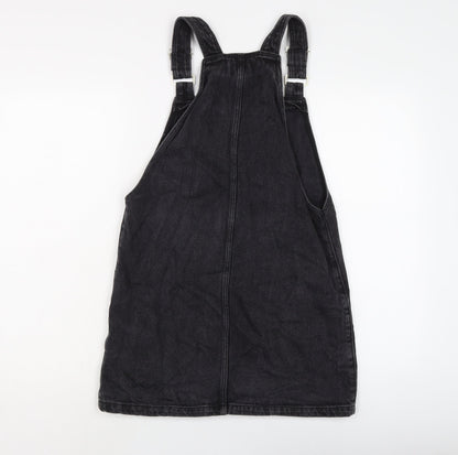 New Lok Womens Black Cotton Pinafore/Dungaree Dress Size 8 Square Neck Button
