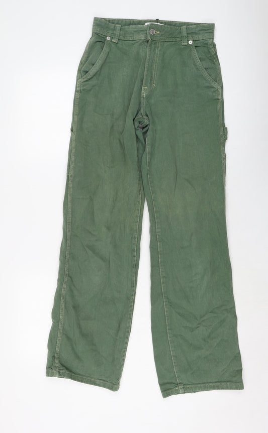 Pull&Bear Womens Green Cotton Wide-Leg Jeans Size 6 L31 in Regular Button