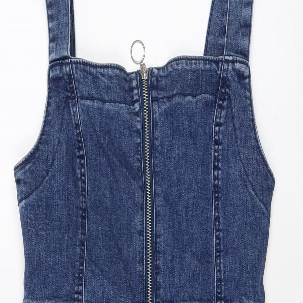 Denim & Co. Womens Blue Cotton Mini Size 8 Square Neck Zip