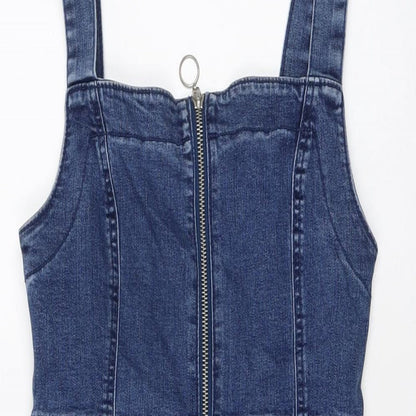 Denim & Co. Womens Blue Cotton Mini Size 8 Square Neck Zip