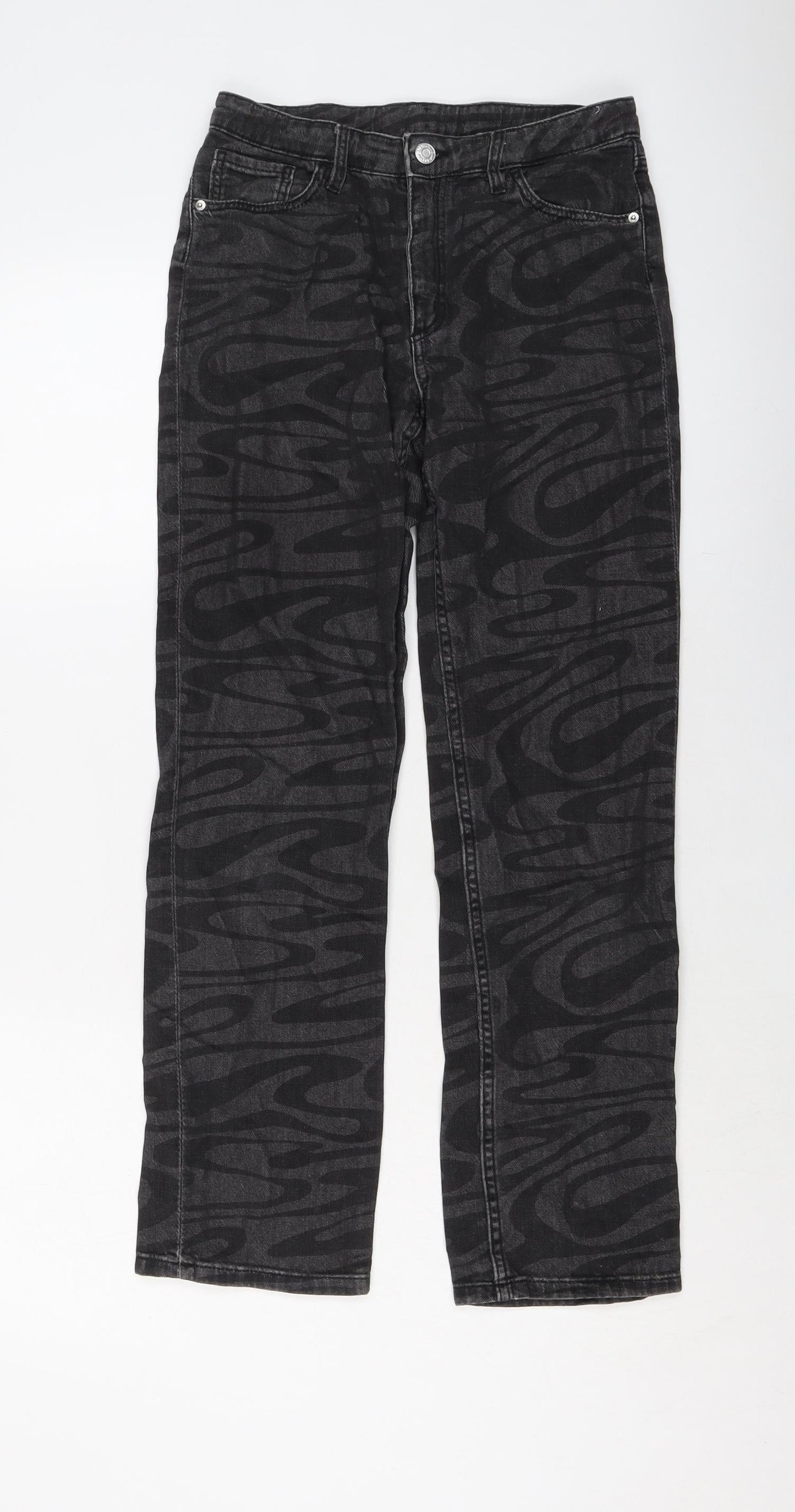 H&M Girls Grey Geometric Cotton Straight Jeans Size 11-12 Years Regular Button