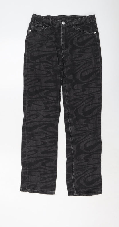 H&M Girls Grey Geometric Cotton Straight Jeans Size 11-12 Years Regular Button