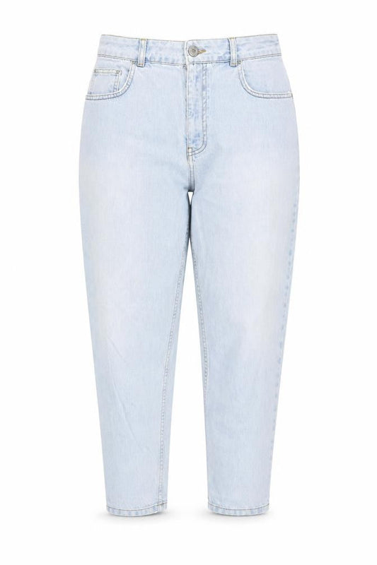 Front view of BDG women’s blue cotton mom jeans, size UK 29, in, 25-inch leg regular button