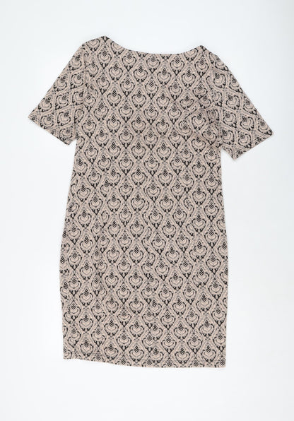 Dorothy Perkins Womens Beige Geometric Polyester Sheath Size 14 Round Neck Pullover