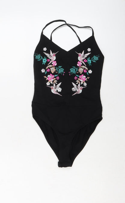 Lipsy Womens Black Floral Cotton Bodysuit One-Piece Size 6 Snap