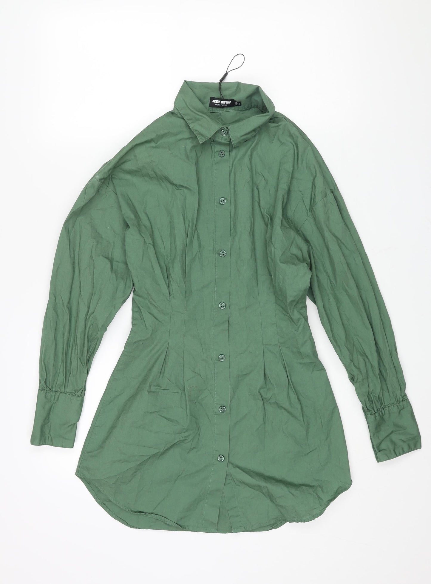 PRETTYLITTLETHING Womens Green Cotton Shirt Dress Size 8 Collared Button