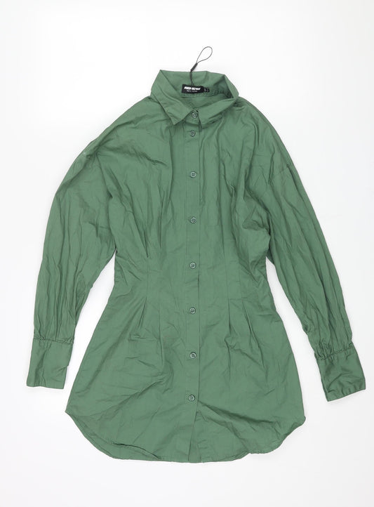 PRETTYLITTLETHING Womens Green Cotton Shirt Dress Size 8 Collared Button