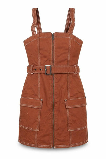Divided by H&M Womens Brown Cotton Mini Size 8 Square Neck Zip - Belted