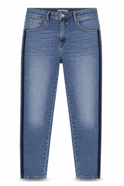Front view of b.young women’s blue cotton skinny jeans, size UK 34, in, 28-inch leg regular zip - taped sides