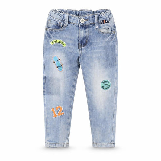 Woolworths Boys Blue Cotton Tapered Jeans Size 2 Years Regular Zip - Elasticated Waist Embroidered Detail