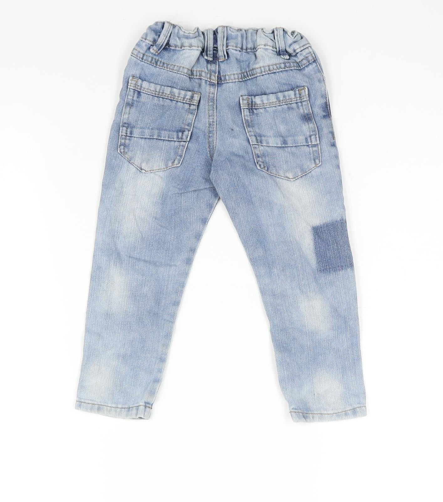 Woolworths Boys Blue Cotton Tapered Jeans Size 2 Years Regular Zip - Elasticated Waist Embroidered Detail