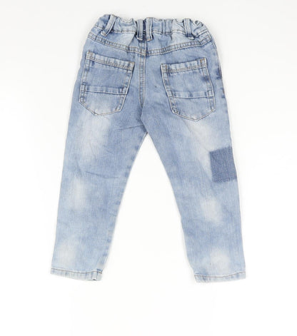 Woolworths Boys Blue Cotton Tapered Jeans Size 2 Years Regular Zip - Elasticated Waist Embroidered Detail