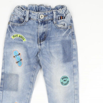 Woolworths Boys Blue Cotton Tapered Jeans Size 2 Years Regular Zip - Elasticated Waist Embroidered Detail