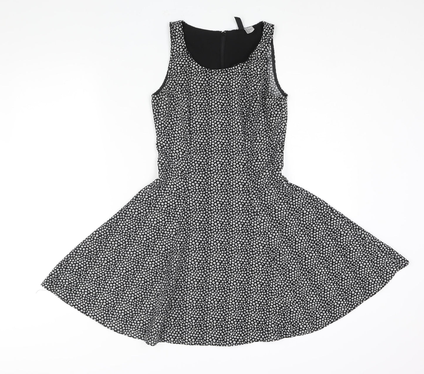 Divided by H&M Womens Black Geometric Polyester Skater Dress Size 6 Scoop Neck Zip - Floral Print