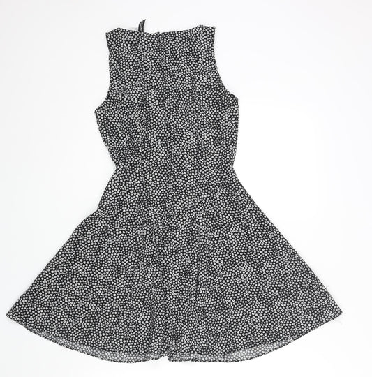 Divided by H&M Womens Black Geometric Polyester Skater Dress Size 6 Scoop Neck Zip - Floral Print