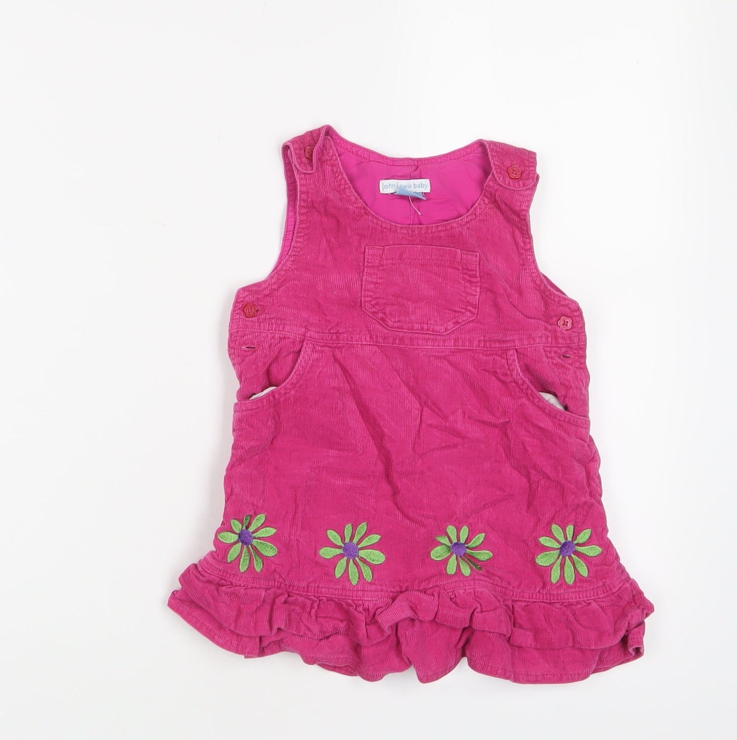 John Lewis Girls Pink Floral Cotton A-Line Size 18-24 Months Crew Neck Button - Embroidered
