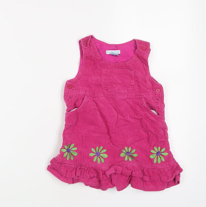 John Lewis Girls Pink Floral Cotton A-Line Size 18-24 Months Crew Neck Button - Embroidered