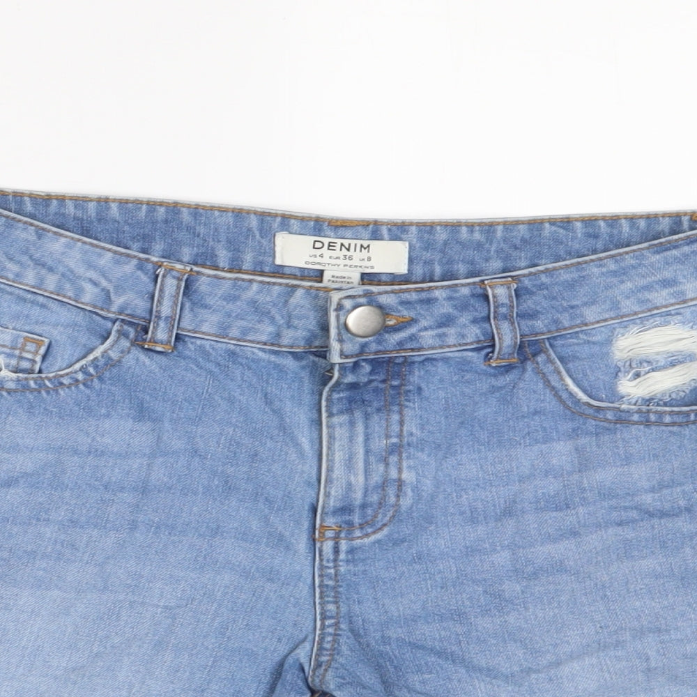 Dorothy Perkins Womens Blue Cotton Basic Shorts Size 8 L3 in Regular Zip - Distressed