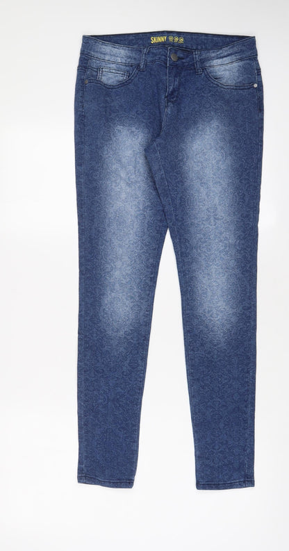 Denim & Co. Womens Blue Fair Isle Cotton Skinny Jeans Size 10 L29 in Regular Zip