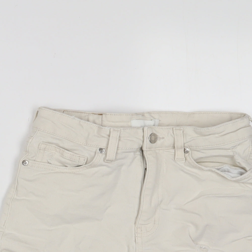H&M Womens Beige Cotton Basic Shorts Size 8 Regular Zip - Distressed
