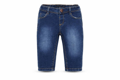 Front view of Denim & Co. boys’ blue cotton capri jeans, size 6-9, months button