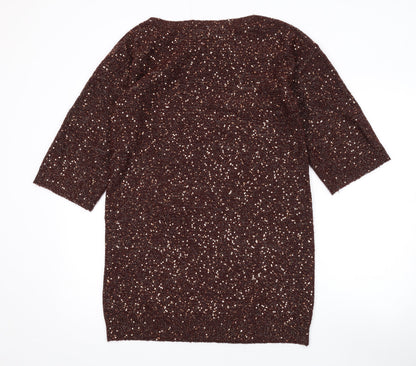Oasis Womens Brown Acrylic A-Line Size XS Boat Neck Pullover - Sequins