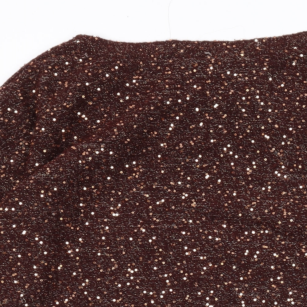 Oasis Womens Brown Acrylic A-Line Size XS Boat Neck Pullover - Sequins