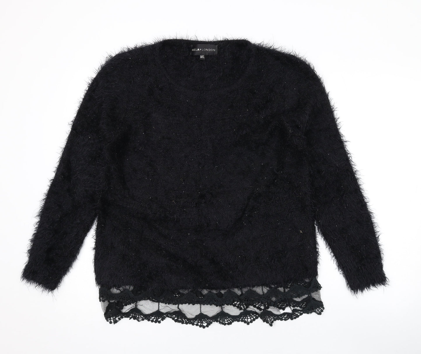 Mela London Womens Black Round Neck Acrylic Pullover Jumper Size M - Lace Detail