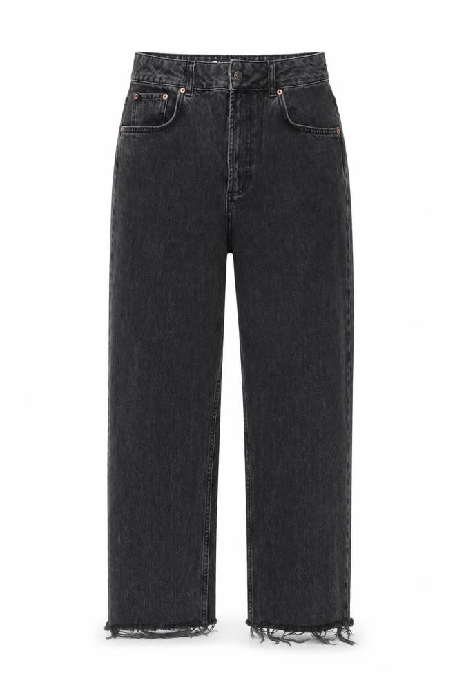 Front view of ASOS women’s black cotton wide-leg jeans, size UK 30, in, 32-inch leg regular zip